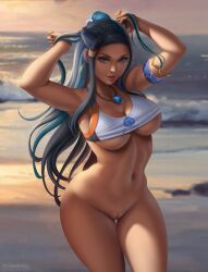Rule 34 | 1girl, abs, alternate breast size, alternative body build, armpits, artist logo, beach background, blue and black hair, blue eyes, breasts, cleavage, cleft of venus, collar, creatures (company), dark-skinned female, dark skin, earrings, female focus, flowerxl, game freak, hair bun, jewelry, large areolae, large breasts, long hair, looking at viewer, navel, necklace, nessa (pokemon), nintendo, no panties, outdoors, pink lips, pokemon, pokemon swsh, pussy, shirt, solo, standing, sunset, tank top, thick thighs, thigh gap, thighs, underboob, bad tag, watermark, web address, wide hips