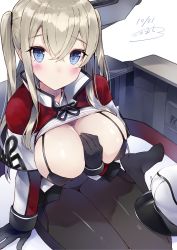 Rule 34 | 10s, 1girl, arm support, bad id, bad twitter id, black bra, black gloves, black pantyhose, blonde hair, blush, bra, breasts, capelet, celtic knot, clothes lift, commentary request, dated, gloves, graf zeppelin (kancolle), hair between eyes, hat, unworn hat, unworn headwear, highres, kantai collection, kou mashiro, large breasts, looking at viewer, military, military hat, military uniform, miniskirt, no shoes, pantyhose, peaked cap, shirt lift, sidelocks, sitting, skirt, solo, tsurime, twintails, underwear, uniform, yokozuwari