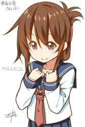 Rule 34 | 10s, 1girl, 2015, blouse, brown eyes, brown hair, dated, folded ponytail, gurande (g-size), highres, inazuma (kancolle), kantai collection, long hair, neckerchief, red neckerchief, school uniform, serafuku, shirt, simple background, solo, white shirt