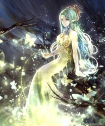 1girl arm_support bare_shoulders blossom_spirit_(shadowverse) branch breasts bug butterfly commentary_request company_name dress elf from_side green_dress green_hair highres insect irua large_breasts light_particles light_rays long_dress long_hair looking_at_viewer magic official_art outdoors pointy_ears shadowverse sitting solo spirit tiara tree very_long_hair yellow_eyes