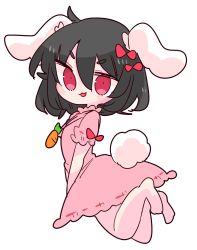 Rule 34 | 1girl, :3, animal ears, barefoot, black hair, bow, carrot necklace, dress, floppy ears, frilled dress, frilled sleeves, frills, hair bow, highres, inaba tewi, necklace, op na yarou, pink dress, puffy short sleeves, puffy sleeves, rabbit ears, rabbit tail, red eyes, ribbon-trimmed dress, short hair, short sleeves, simple background, sleeve bow, solo, tail, touhou, white background