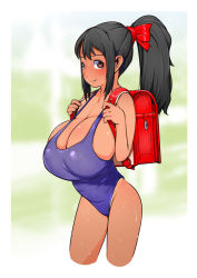 Rule 34 | 1girl, backpack, bag, black hair, blush, body blush, bow, breasts, brown eyes, cleavage, collarbone, hair bow, hair ribbon, huge breasts, j7w, long hair, looking at viewer, meikko-chan (j7w), one-piece swimsuit, oppai loli, original, ponytail, red bow, ribbon, shiny skin, smile, solo, strap gap, sweat, swimsuit, tan, tanline