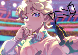 Rule 34 | 1boy, bad id, bad pixiv id, bede (pokemon), blonde hair, blurry, blurry background, blush, buttons, closed mouth, collared shirt, commentary request, creatures (company), curly hair, drawing on fourth wall, eyelashes, game freak, gloves, hands up, highres, holding, holding marker, komame (st beans), light, male focus, marker, nintendo, partially fingerless gloves, pokemon, pokemon swsh, purple eyes, shirt, short hair, short sleeves, single glove, solo, stadium, sweatdrop, undershirt, upper body, writing