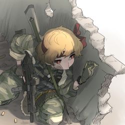 Rule 34 | 1girl, bandaid, bandaid on cheek, bandaid on face, blonde hair, boots, bow, bulletproof vest, camouflage, camouflage pants, camouflage shirt, combat boots, commentary request, dog tags, frogsnake, gun, gun on back, hair bow, headband, holding, holding gun, holding weapon, military, military uniform, pants, peeking, red eyes, red headband, rifle, rumia, shell casing, shirt, short hair, soldier, solo, squatting, submachine gun, taking cover, touhou, uniform, watch, wavy hair, weapon, weapon on back, wristwatch