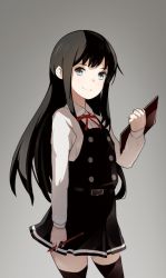 Rule 34 | 1girl, artist request, asashio (kancolle), belt, belt buckle, black belt, black dress, black hair, black thighhighs, book, buckle, buttons, closed mouth, collar, dress, gradient background, grey background, grey eyes, holding, holding book, holding pen, kantai collection, long hair, long sleeves, looking at viewer, neck ribbon, pen, pinafore dress, red ribbon, ribbon, simple background, sleeveless dress, smile, solo, source request, standing, straight hair, thighhighs