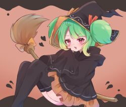 Rule 34 | 1girl, black socks, black thighhighs, blush, broom, cloak, coni confetti, facial mark, gradient hair, green hair, hair ribbon, hat, heart, highres, idol corp, looking at viewer, multicolored hair, open mouth, orange skirt, pink eyes, ribbon, short twintails, skirt, socks, solo, thighhighs, thighs, twintails, virtual youtuber, witch hat