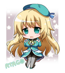 Rule 34 | 10s, 1girl, atago (kancolle), bad id, bad pixiv id, black pantyhose, blonde hair, blush, breasts, character name, chibi, green eyes, hat, jacket, kantai collection, large breasts, long hair, military jacket, noai nioshi, open mouth, pantyhose, personification, skirt, smile, solo