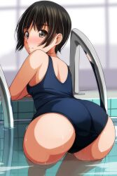 Rule 34 | 1girl, absurdres, ass, back, bare arms, black hair, blue one-piece swimsuit, blurry, blurry background, brown eyes, bush, closed mouth, dated commentary, highres, looking at viewer, looking back, matsunaga kouyou, one-piece swimsuit, original, partially submerged, pool, pool ladder, poolside, school uniform, short hair, smile, solo, swimsuit, wet