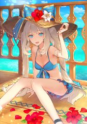 Rule 34 | 1girl, arm support, bikini, bikini skirt, blue bikini, blue eyes, breasts, cleavage, day, fate/grand order, fate (series), flower, front-tie top, ginka sima, hat, hibiscus, highres, jewelry, long hair, looking at viewer, marie antoinette (fate), marie antoinette (fate/grand order), marie antoinette (swimsuit caster) (fate), marie antoinette (swimsuit caster) (third ascension) (fate), necklace, official art, open mouth, outdoors, red flower, silver hair, sitting, small breasts, solo, straw hat, swimsuit, twintails, very long hair, white flower