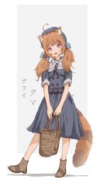 Rule 34 | 1girl, ahoge, animal ears, bag, belt, blue dress, blue hat, bow, brown footwear, brown hair, dress, full body, grey background, hair bow, hat, highres, jerry3912, long hair, low twintails, open mouth, original, purple eyes, raccoon ears, raccoon tail, ribbon, shoes, simple background, smile, solo, tail, twintails