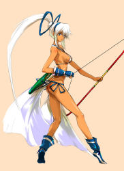 Rule 34 | 1girl, archery, ass, blue eyes, bow, bow (weapon), breasts, butt crack, covered erect nipples, dark-skinned female, dark skin, gloves, hair ribbon, highres, legs, loincloth, long hair, looking at viewer, majikina mina, medium breasts, no panties, ponytail, q azieru, quiver, revealing clothes, ribbon, samurai spirits, sideboob, simple background, single glove, snk, solo, standing, tiptoes, weapon, white hair