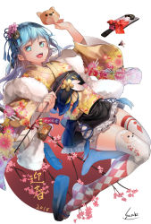 Rule 34 | 1girl, :d, arrow (projectile), asymmetrical legwear, bell, black skirt, blue eyes, blue footwear, blue hair, blush, commentary request, dog mask, ema, fingernails, floral print, frilled skirt, frills, fur-trimmed kimono, fur trim, hagoita, hamaya, happy new year, highres, holding, holding arrow, holding mask, japanese clothes, jingle bell, kimono, long sleeves, looking at viewer, mask, mismatched legwear, new year, obi, open mouth, original, paddle, print kimono, sandals, saraki, sash, short kimono, simple background, skirt, smile, solo, teeth, thighhighs, upper teeth only, white background, white thighhighs, wide sleeves, yellow kimono, zouri