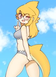 Rule 34 | 1girl, bikini, blonde hair, blush, breasts, d-floe, day, fins, fish tail, grey bikini, highres, large breasts, long hair, looking at viewer, one eye closed, open mouth, original, outdoors, round eyewear, shark girl, shark tail, smile, solo, sunglasses, swimsuit, tail, thick thighs, thighs