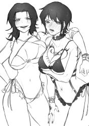 Rule 34 | 2girls, arm tattoo, arm under breasts, blush, breasts, canon genderswap, chest tattoo, cleavage, embarrassed, female focus, freckles, genderswap, genderswap (mtf), hand tattoo, highres, large breasts, lingerie, looking at viewer, medium hair, monochrome, multiple girls, nail polish, navel, one piece, open mouth, portgas d. ace, short hair, shoulder tattoo, sketch, smile, tattoo, thighs, tiradmisx, trafalgar law, underboob, underwear, underwear only