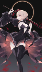 Rule 34 | 1girl, armpits, arms up, artoria pendragon (all), artoria pendragon (fate), bad id, bad pixiv id, black bow, black dress, black thighhighs, blonde hair, blood, bloody weapon, blush, bow, braid, braided bun, breasts, choker, cleavage, crown braid, dress, eclipse, excalibur (fate/stay night), excalibur morgan (fate), fate/grand order, fate (series), female knight, hair between eyes, hair bow, hair bun, hair ornament, hair ribbon, highres, holding, holding sword, holding weapon, knight, leg up, long sleeves, looking away, looking to the side, neon (pixiv 31150749), pale skin, parted lips, ribbon, saber (fate), saber alter, short hair, slit pupils, solo, standing, standing on one leg, sword, teeth, thighhighs, thighs, weapon, wide sleeves, yellow eyes