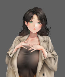 Rule 34 | 1girl, absurdres, black hair, black tank top, blush, breasts, closed mouth, coat, commentary request, gdhs, green eyes, grey background, grey coat, hair behind ear, halterneck, hands on own chest, highres, large breasts, long hair, looking at viewer, mature female, tank top, warship girls r