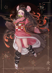 Rule 34 | 1girl, ahoge, animal ear fluff, animal ears, anmaki, arm warmers, bit gag, black coat, black hair, border, brown background, chinese zodiac, coat, colored tips, commentary, english commentary, floating hair, full body, gag, hair ribbon, haori, highres, japanese clothes, jumping, kamado nezuko, kemonomimi mode, kimetsu no yaiba, kimono, long hair, long sleeves, looking at viewer, mixed-language commentary, mouse ears, multicolored hair, obi, off shoulder, orange hair, orange ribbon, pinching sleeves, pink kimono, ribbon, sash, solo, tabi, two-tone hair, very long hair, wide sleeves, year of the rat