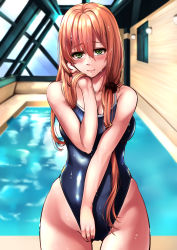 Rule 34 | 1girl, bare shoulders, blue one-piece swimsuit, blush, breasts, cleavage, closed mouth, collarbone, competition swimsuit, feet out of frame, girls&#039; frontline, green eyes, hair ornament, hairclip, hand in own hair, highres, lips, long hair, looking at viewer, medium breasts, one-piece swimsuit, orange hair, pool, rei no pool, simple background, solo, springfield (girls&#039; frontline), standing, swimsuit, wet, wet clothes, wet swimsuit, xlscaler