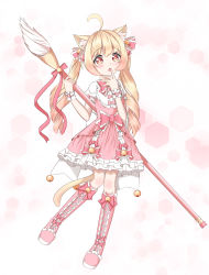 Rule 34 | 1girl, absurdres, ahoge, animal ears, boots, brown eyes, brown hair, cat ears, cat tail, chestnut mouth, cross-laced footwear, full body, highres, knees together feet apart, lace-up boots, lolita fashion, magical girl, neko kizuna, original, pink theme, solo, standing, tail, thigh boots, thighhighs, twintails