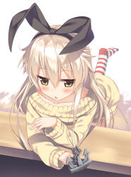 Rule 34 | 10s, 1girl, alternate costume, anchor hair ornament, blonde hair, blush, chestnut mouth, collarbone, dress, hair between eyes, hair ornament, hairband, highres, kantai collection, leaning forward, leg lift, long hair, looking at viewer, no shoes, off-shoulder, off-shoulder sweater, off shoulder, olive (laai), open mouth, red legwear, shimakaze (kancolle), solo, standing, standing on one leg, striped clothes, striped legwear, striped thighhighs, sweater, sweater dress, thighhighs, yellow eyes