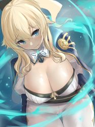 Rule 34 | 1girl, absurdres, blonde hair, blue eyes, blush, breasts, cleavage, closed mouth, dh-zone, genshin impact, highres, jean (genshin impact), large breasts, long hair, looking at viewer, pants, ponytail, sidelocks, smile, strapless, tight clothes, tight pants, tube top, white pants