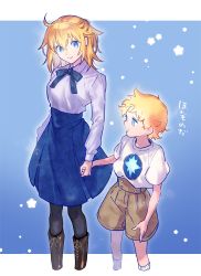 Rule 34 | 1boy, 1girl, ahoge, ankle boots, artoria pendragon (all), artoria pendragon (fate), black pantyhose, blonde hair, blue eyes, blue ribbon, blue skirt, boots, brown shorts, character request, child, commentary request, fate/grand order, fate (series), fujimaru ritsuka (female), fujimaru ritsuka (female) (anniversary blonde), highres, holding hands, long sleeves, looking at another, medium hair, neck ribbon, pantyhose, ribbon, saber (fate), shirt tucked in, short sleeves, shorts, skirt, smile, socks, translation request, uni (nico02), voyager (fate), white pantyhose