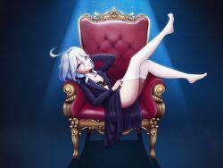 Rule 34 | 1girl, :p, black dress, blue eyes, blue hair, blue jacket, bra, breasts, dress, furina (genshin impact), genshin impact, highres, jacket, lace, lace bra, moovalandi, sitting, small breasts, smile, solo, thighhighs, throne, tongue, tongue out, underwear, white thighhighs