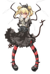 Rule 34 | 1girl, alternate costume, alternate hairstyle, arms behind back, blonde hair, female focus, flandre scarlet, full body, gothic lolita, hairband, laevatein, lolita fashion, lolita hairband, matsukura nemu, red eyes, simple background, smirk, solo, standing, striped clothes, striped thighhighs, thighhighs, touhou, twintails, white background, wings