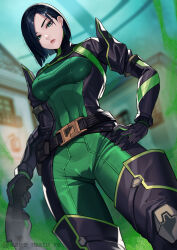 Rule 34 | 1girl, absurdres, animification, belt, black belt, black hair, black thighhighs, blurry, blurry background, bodysuit, breasts, closed mouth, from below, green bodysuit, green eyes, highres, holding, kagematsuri, looking at viewer, looking down, medium breasts, short hair, solo, thighhighs, valorant, viper (valorant)