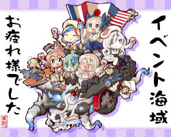 Rule 34 | 10s, 6+girls, @ @, abyssal jellyfish princess, abyssal ship, aircraft, airplane, alcohol, asakaze (kancolle), beret, blonde hair, blue eyes, blue hair, bottle, brown hair, can, car, chaki (teasets), chibi, closed eyes, commandant teste (kancolle), cup, damage control crew (kancolle), drink can, drinking glass, drooling, fairy (kancolle), flight deck, green hair, hand fan, hat, highres, japanese clothes, kantai collection, kimono, long hair, meiji schoolgirl uniform, motor vehicle, multicolored hair, multiple girls, orangina, pola (kancolle), product placement, red hair, riding, saratoga (kancolle), seaplane tender water princess, soda can, tentacles, translated, wacky races, white hair, wine, wine bottle, wine glass, yamakaze (kancolle)