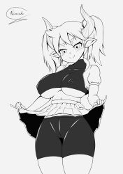 Rule 34 | 1girl, absurdres, alternate breast size, artist name, bike shorts, bike shorts under skirt, breasts, clothes lift, covered erect nipples, draph, drawfag, highres, jacket, large breasts, legs, lifted by self, midriff, monochrome, open clothes, open jacket, pointy ears, saru getchu, sayaka (saru getchu), seductive smile, skirt, skirt lift, smile, sony, thick thighs, thighs, traditional media, twintails, underboob, unzipped, wide hips