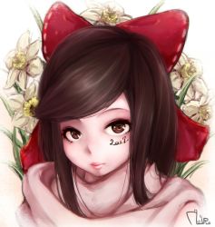 Rule 34 | 1girl, 2017, bejili, bow, brown eyes, brown hair, closed mouth, commentary request, cookie (touhou), flower, hair bow, hakurei reimu, lips, long hair, looking at viewer, portrait, red bow, shiromiya rei, sidelocks, signature, solo, swept bangs, touhou, white flower