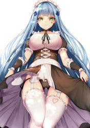Rule 34 | 1girl, absurdres, black choker, black panties, black ribbon, blue hair, breasts, brown dress, cameltoe, chixiao, choker, cleft of venus, clothing cutout, commentary request, dress, facial hair, frilled sleeves, frills, garter straps, girls&#039; frontline, green eyes, hair ornament, heart, heart cutout, highres, hk416 (girls&#039; frontline), large breasts, long hair, looking at viewer, maid headdress, panties, puffy short sleeves, puffy sleeves, ribbon, short sleeves, side-tie panties, skirt hold, solo, thighhighs, underwear, very long hair, white thighhighs, wrist cuffs