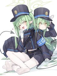 Rule 34 | 2girls, absurdres, black hat, black jacket, black tail, blue archive, blush, buttons, closed mouth, demon tail, double-breasted, fang, feet, gloves, green hair, green halo, halo, hat, heart, hikari (blue archive), nozomi (blue archive), highres, jacket, kilabo, long hair, long sleeves, looking at viewer, multiple girls, open mouth, pantyhose, peaked cap, pointy ears, sidelocks, simple background, skin fang, smile, soles, tail, twintails, white background, white gloves, white pantyhose, yellow eyes