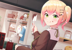 Rule 34 | 1girl, :q, blonde hair, blush, brown cardigan, cardigan, cooking, food, food on face, gradient hair, green eyes, hair between eyes, hair ornament, hairclip, highres, holding, holding spatula, hololive, licking lips, looking at viewer, medium hair, momosuzu nene, momosuzu nene (casual), multicolored hair, official alternate costume, official alternate hair length, official alternate hairstyle, solo, spatula, tongue, tongue out, twintails, typho, valentine, virtual youtuber