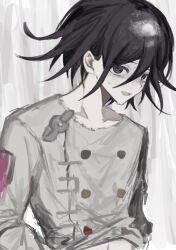 Rule 34 | 1boy, :d, black hair, blush, buttons, chain, collarbone, danganronpa (series), danganronpa v3: killing harmony, double-breasted, flipped hair, grey background, grey jacket, hair between eyes, highres, jacket, male focus, no scarf, oma kokichi, open mouth, pale skin, short hair, smile, solo, sweat, upper body, wa noko, white background