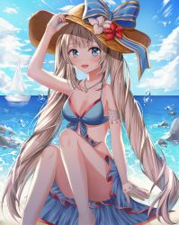 Rule 34 | 1girl, bare legs, bare shoulders, barefoot, bikini, blue bikini, blue bow, blue eyes, blue sky, blush, boat, bow, breasts, cleavage, cloud, collarbone, day, fate/grand order, fate (series), foot out of frame, hat, highres, jewelry, long hair, looking at viewer, marie antoinette (fate), marie antoinette (fate/grand order), marie antoinette (swimsuit caster) (fate), marie antoinette (swimsuit caster) (third ascension) (fate), medium breasts, open mouth, outdoors, red bikini, silver hair, sky, smile, solo, ssum (ehf dustk), summer, sun hat, swimsuit, twintails, very long hair, watercraft