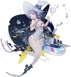 Rule 34 | 1girl, azur lane, bare shoulders, blush, body writing, breasts, cleavage, closed mouth, commentary request, fish, flippers, food, fruit, grey hair, grey headwear, grey one-piece swimsuit, grey pantyhose, hair ornament, hat, highres, innertube, lemon, lifebuoy, long hair, looking at viewer, medium breasts, multiple views, nineo, official alternate costume, official art, one-piece swimsuit, open mouth, palm tree, pantyhose, pantyhose under swimsuit, seattle (azur lane), seattle (sunfish spell!) (azur lane), smile, swim ring, swimsuit, transparent background, tree, turret, underwater, wand, water, witch hat