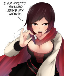 Rule 34 | 1girl, absurdres, breasts, brown hair, cleavage, cleavage cutout, clothing cutout, english text, eyebrows, fellatio gesture, highres, large breasts, looking at viewer, open mouth, oral simulation, red hair, ruby rose, rwby, short hair, grey eyes, simple background, solo, text focus, tongue, tongue out, white background, z666ful