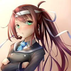 Rule 34 | 1girl, alternate costume, alternate hairstyle, asagumo (kancolle), blue necktie, blush, breasts, brown hair, coat, crossed arms, green eyes, hairband, highres, kantai collection, long hair, necktie, pink background, ponytail, school uniform, seiya (iiseven), small breasts, solo, upper body