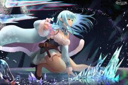 Rule 34 | 1girl, absurdres, armpits, bare legs, bare shoulders, blue hair, breasts, chromatic aberration, cloak, dress, elf, fighting stance, hand up, highres, hololive, ice, large breasts, magic, magic circle, pointy ears, shiina aoi, solo, squatting, virtual youtuber, water, yellow eyes, yukihana lamy
