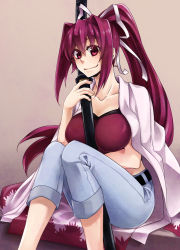Rule 34 | 1girl, breasts, denim, hair intakes, hair ribbon, jacket, jacket on shoulders, jeans, large breasts, long hair, midriff, ootachi, pants, pants rolled up, planted sword, planted, ponytail, purple eyes, purple hair, ribbon, sheath, sheathed, shii619, sitting, smile, solo, sword, tank top, under night in-birth, very long hair, weapon, yuzuriha (under night in-birth)