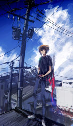Rule 34 | 1boy, black shirt, blue pants, blue sky, brown eyes, brown hair, building, closed mouth, cloud, commentary request, day, duel disk, full body, hair between eyes, hand in pocket, jacket, unworn jacket, looking down, male focus, moribuden, multicolored hair, on roof, outdoors, pants, power lines, red jacket, rooftop, shirt, short hair, sky, solo, two-tone hair, utility pole, yu-gi-oh!, yu-gi-oh! gx, yuuki juudai