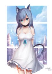 Rule 34 | 1girl, animal ears, bare shoulders, black choker, blue eyes, blue hair, blue ribbon, blue sky, blush, breasts, cat ears, cat girl, cat tail, choker, cleavage, closed mouth, cloud, commentary request, cowboy shot, dated, day, dress, feathers, hair between eyes, head tilt, highres, karin (fineyanny), long hair, looking at viewer, medium breasts, original, ribbon, signature, sky, sleeveless, sleeveless dress, smile, solo, tail, white dress, window