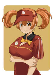 Rule 34 | 1girl, arm under breasts, blush, bow, breasts, brown eyes, cleavage, closed mouth, employee uniform, fast food uniform, hair between eyes, hataraku maou-sama!, large breasts, looking at viewer, orange hair, polo shirt, sasaki chiho, short twintails, solo, summer 11, twintails, uniform, visor cap, yellow bow
