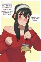 Rule 34 | 1girl, bare shoulders, black hair, blush, breasts, clenched hand, closed mouth, collarbone, determined, ear piercing, earrings, english text, frog, hairband, highres, holding, jewelry, large breasts, long hair, long sleeves, looking at viewer, off shoulder, piercing, red eyes, red sweater, riz, sidelocks, simple background, solo, spy x family, sweater, upper body, v-shaped eyebrows, white hairband, yellow background, yor briar, you&#039;re doing it wrong