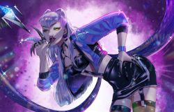 Rule 34 | claws, cropped jacket, demon girl, evelynn (league of legends), garter straps, highres, jacket, jewelry, league of legends, long hair, looking at viewer, open clothes, sayakajou, shiny clothes, silver hair, skirt, solo, the baddest evelynn, thighhighs, tongue, tongue out, yellow eyes