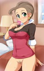 Rule 34 | 10s, 1girl, alexa (pokemon), bed, blush, bottomless, breasts, brown hair, cleavage, cleft of venus, condom, condom wrapper, covered erect nipples, creatures (company), earrings, female pubic hair, game freak, green eyes, jewelry, konpeto, lamp, large breasts, nintendo, pillow, pokemon, pokemon xy, pubic hair, pussy, smile, solo, sweat, uncensored