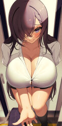 Rule 34 | 1girl, absurdres, arm behind back, august von parseval (azur lane), azur lane, bag, black skirt, blush, breasts, brown hair, bursting breasts, cleavage, closed mouth, collarbone, commentary request, doorway, hair over one eye, highres, large breasts, long hair, looking at viewer, outstretched hand, purple eyes, school bag, school uniform, shirt, short sleeves, skirt, smile, solo, standing, taut clothes, taut shirt, thighhighs, uniform, very long hair, white shirt, yomare