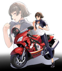 Rule 34 | 1girl, :d, absurdres, black jacket, black pants, brown eyes, brown hair, commentary, cropped jacket, da-cart, highres, jacket, looking at viewer, motor vehicle, motorcycle, niijima makoto, open mouth, pants, persona, persona 5, persona 5 scramble: the phantom strikers, short hair, smile, tank top, white background, white tank top, zoom layer